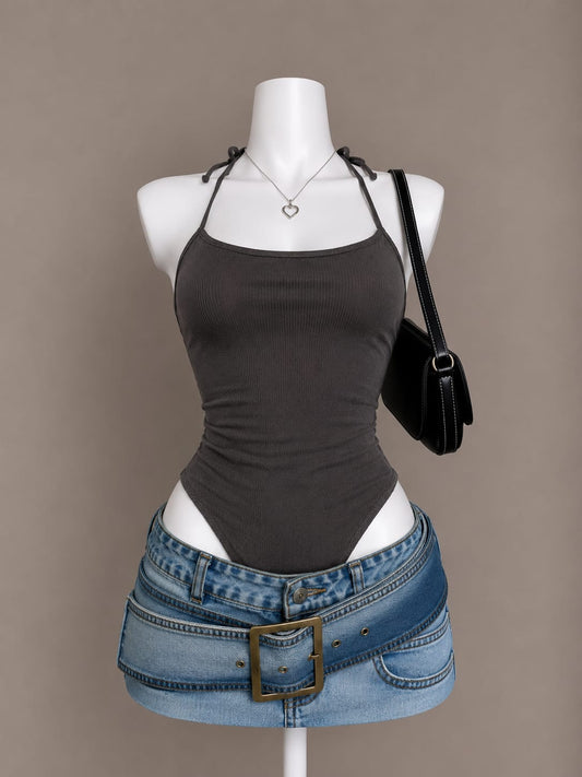 Dark grey ribbed halter tie-strap bodysuit on mannequin