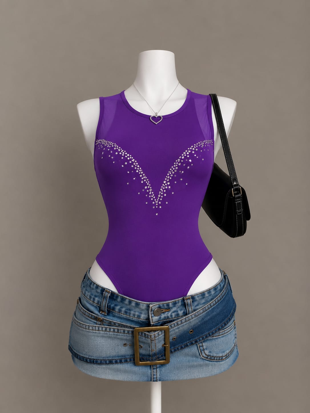 Royal purple rhinestone butterfly wing sleeveless bodysuit on mannequin
