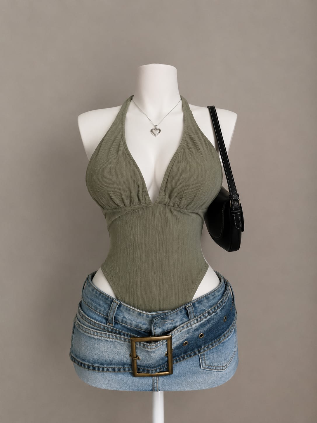 Olive Green Ribbed Halter Neck Top - Front View