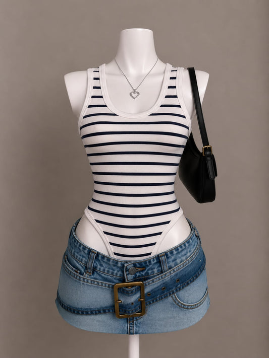 White and Navy Striped Scoop Neck Tank Top - Front View