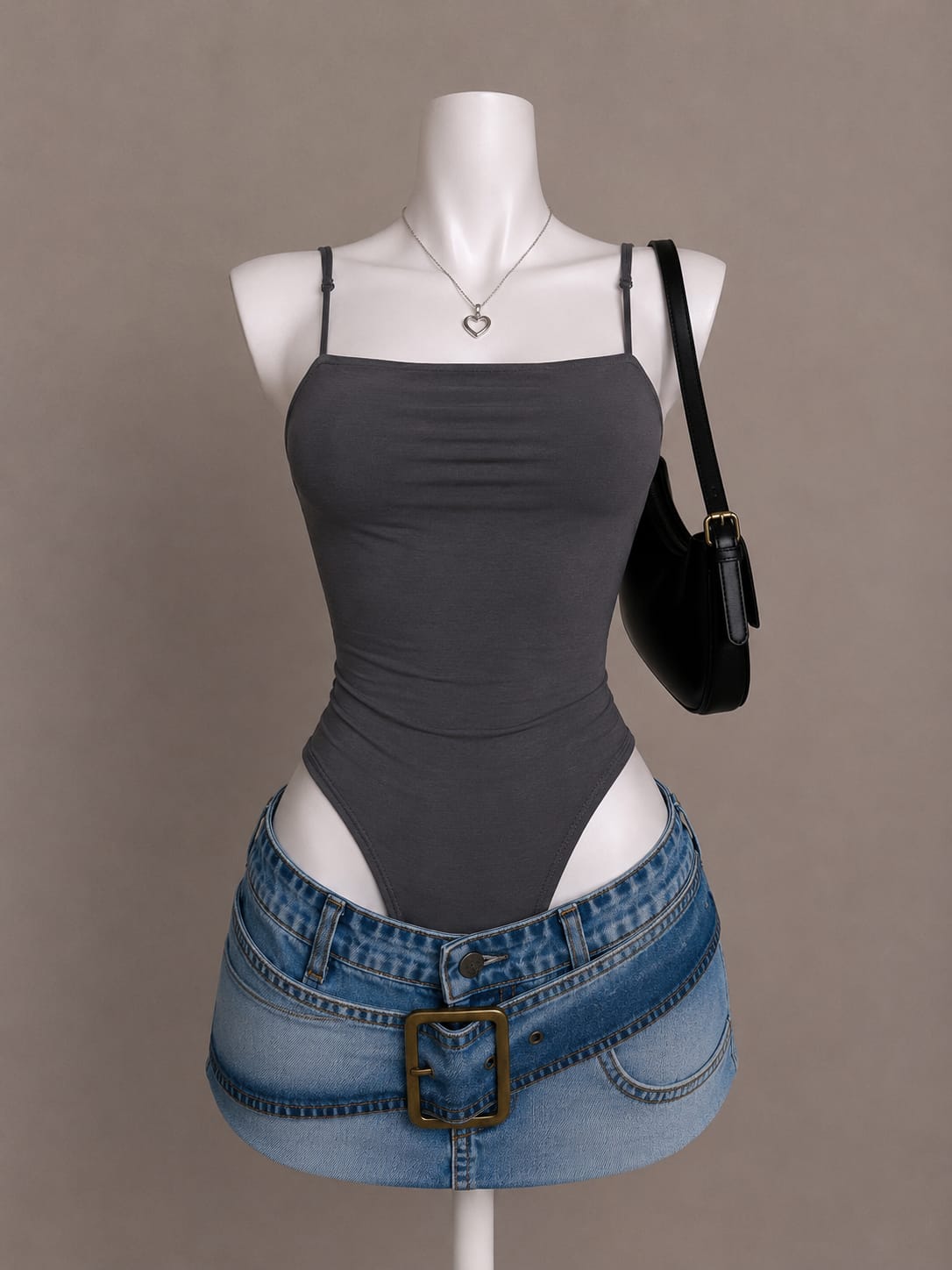 Charcoal Grey Ruched Spaghetti Strap Bodysuit - Front View