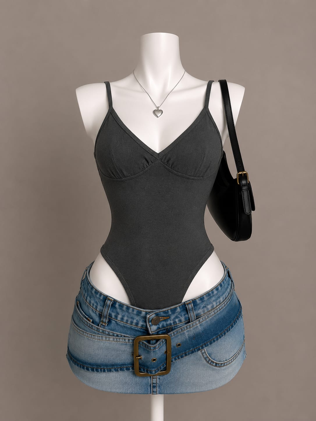 Charcoal Grey V-Neck Ruched Bust Spaghetti Strap Bodysuit - Front View