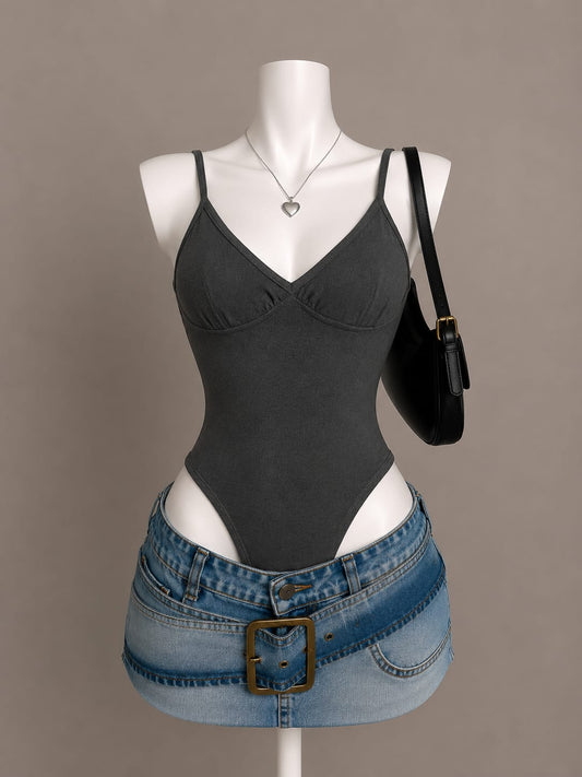 Charcoal Grey V-Neck Ruched Bust Spaghetti Strap Bodysuit - Front View