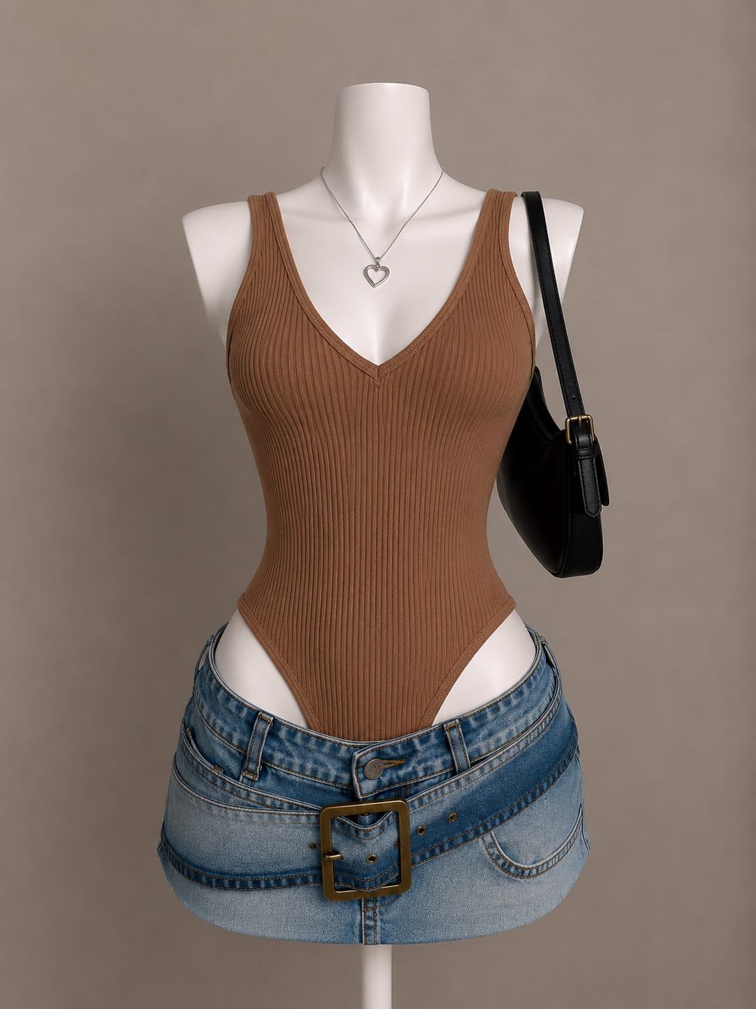 Camel Brown Ribbed V-Neck Spaghetti Strap Bodysuit - Front View