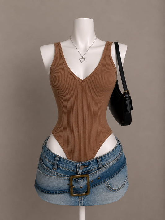 Camel Brown Ribbed V-Neck Spaghetti Strap Bodysuit - Front View