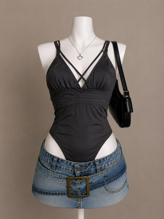 Black Criss-Cross Strap Ruched V-Neck Bodysuit - Front View