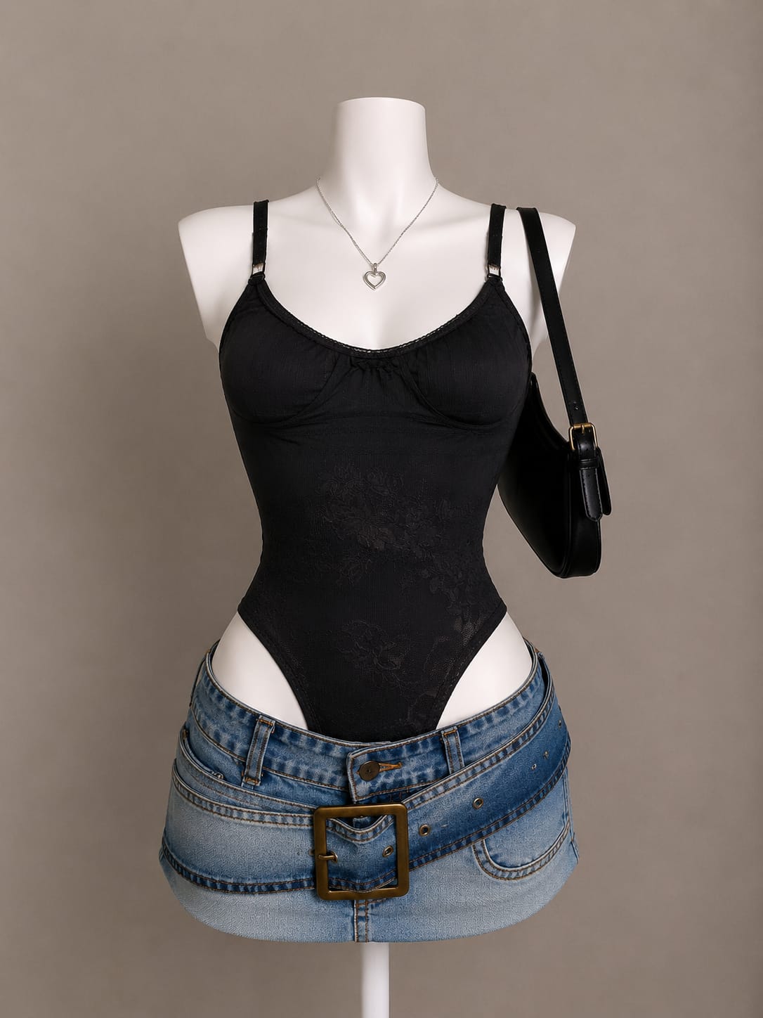 Black Floral Jacquard Bow Detail Spaghetti Strap Bodysuit - Front View