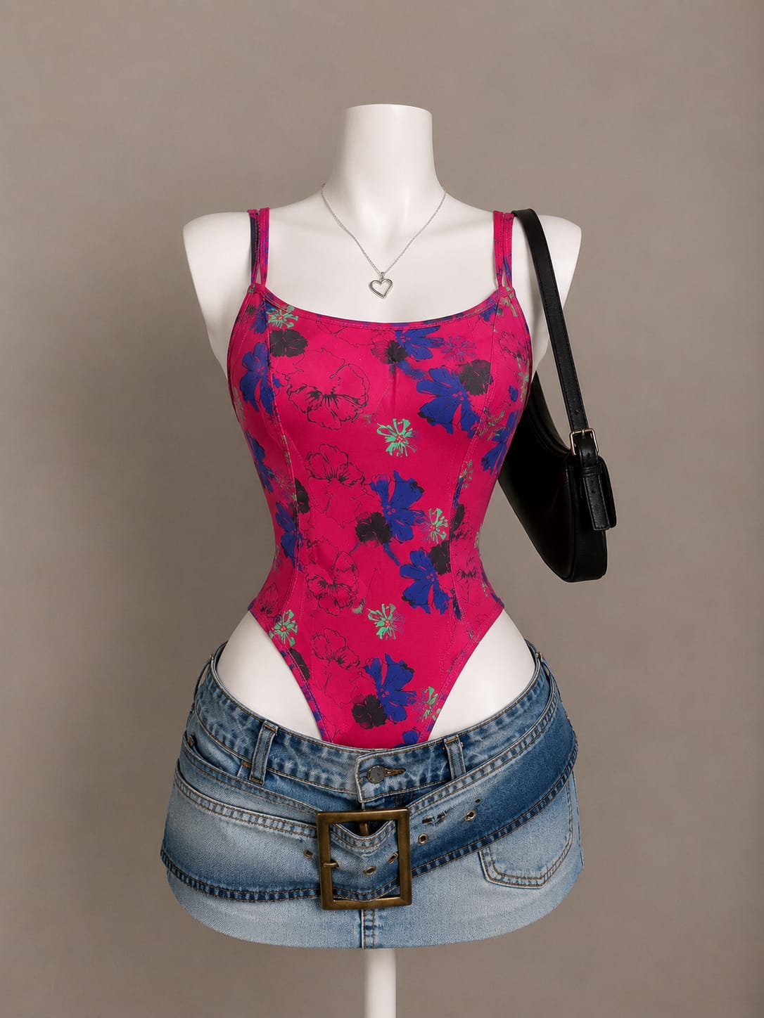 Hot Pink Floral Print Scoop Neck Bodysuit - Front View