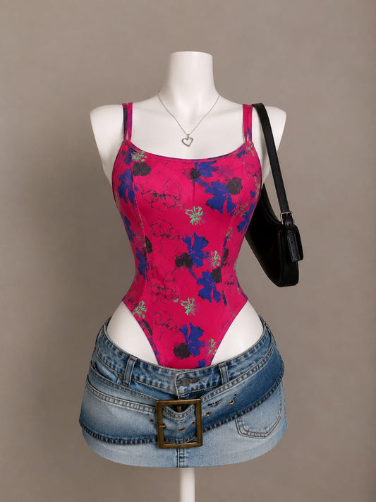 Hot Pink Floral Print Scoop Neck Bodysuit - Front View