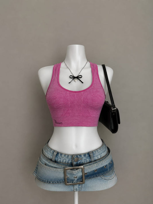 Hot Pink Lace Knit Racerback Crop Top - Front View