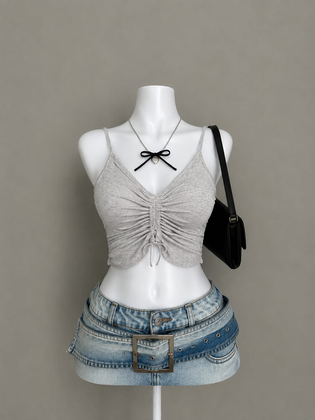 Grey Ruched Drawstring Crop Cami Top
