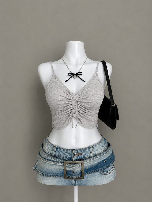 Grey Ruched Drawstring Crop Cami Top