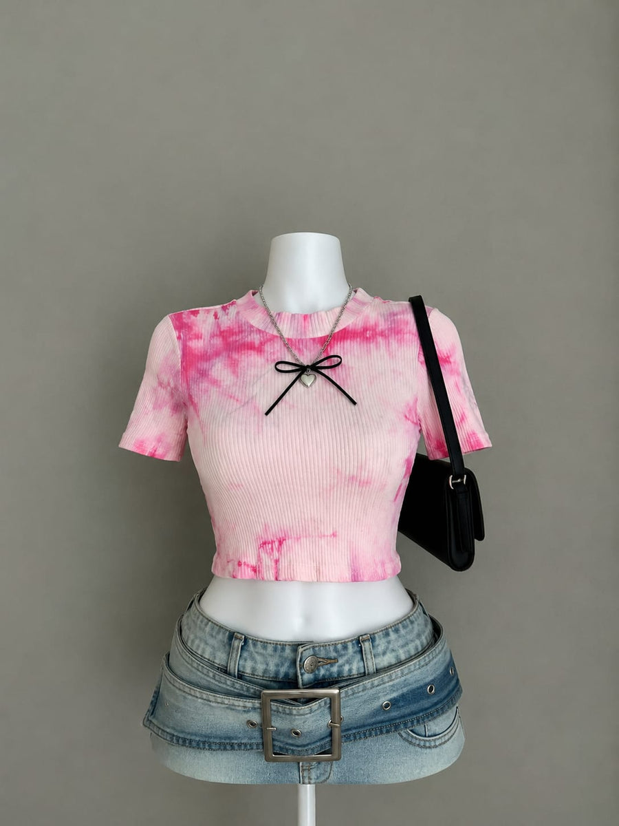 Pink Tie-Dye Ribbed Crop Top
