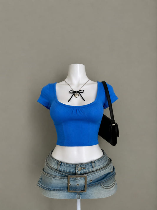 Royal Blue Ribbed Square Neck Crop Top