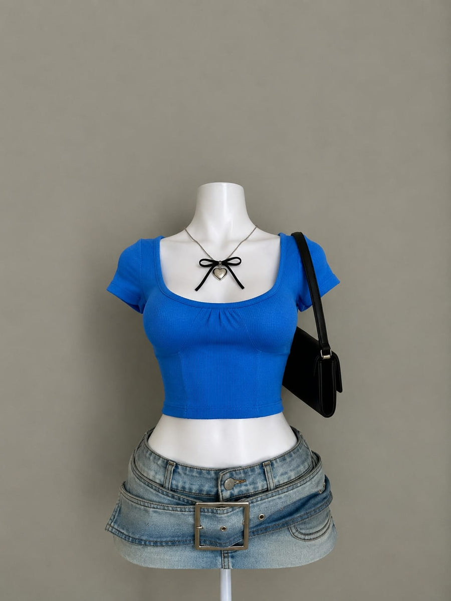 Royal Blue Ribbed Square Neck Crop Top