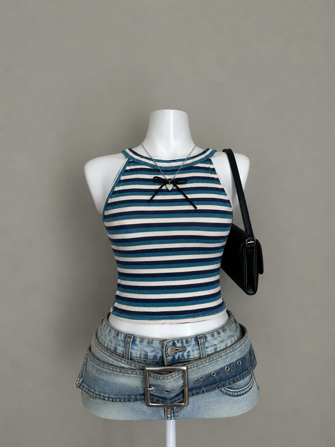 Teal & White Striped Ribbed Sleeveless Crop Top