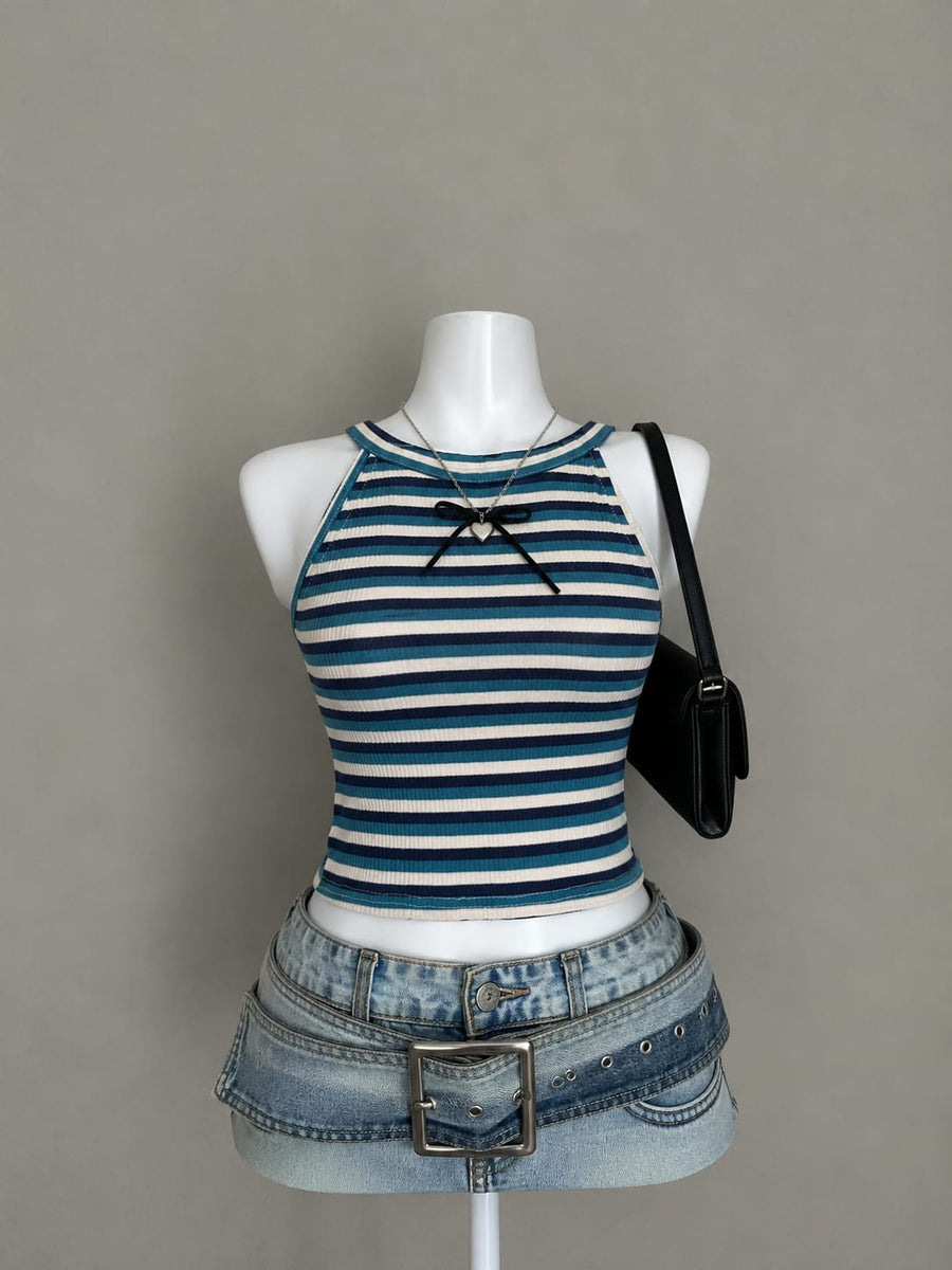 Teal & White Striped Ribbed Sleeveless Crop Top
