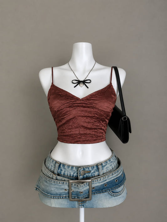 Brown Crinkle Ruched V-Neck Cami Crop Top