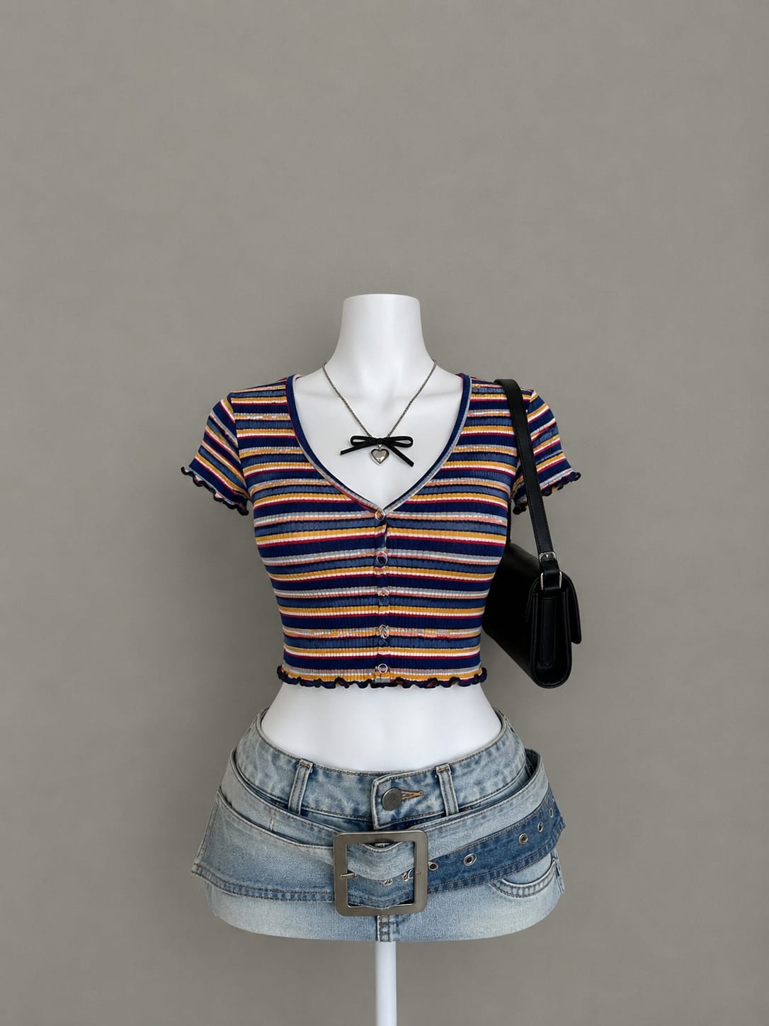 Multicolor Striped Ribbed Button-Front Lettuce Hem Crop Top