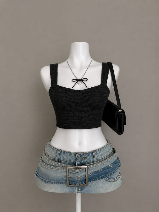 Black Textured Square Neck Wide Strap Crop Top
