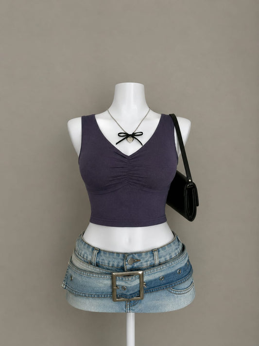 Navy Blue Ruched V-Neck Sleeveless Crop Top