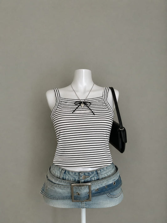 White & Black Striped Ribbed Square Neck Sleeveless Crop Top