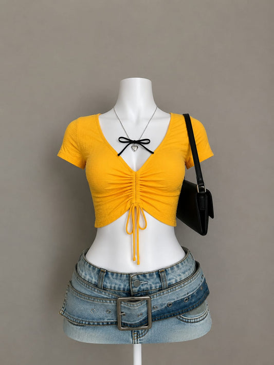Yellow Ruched Drawstring V-Neck Short Sleeve Crop Top