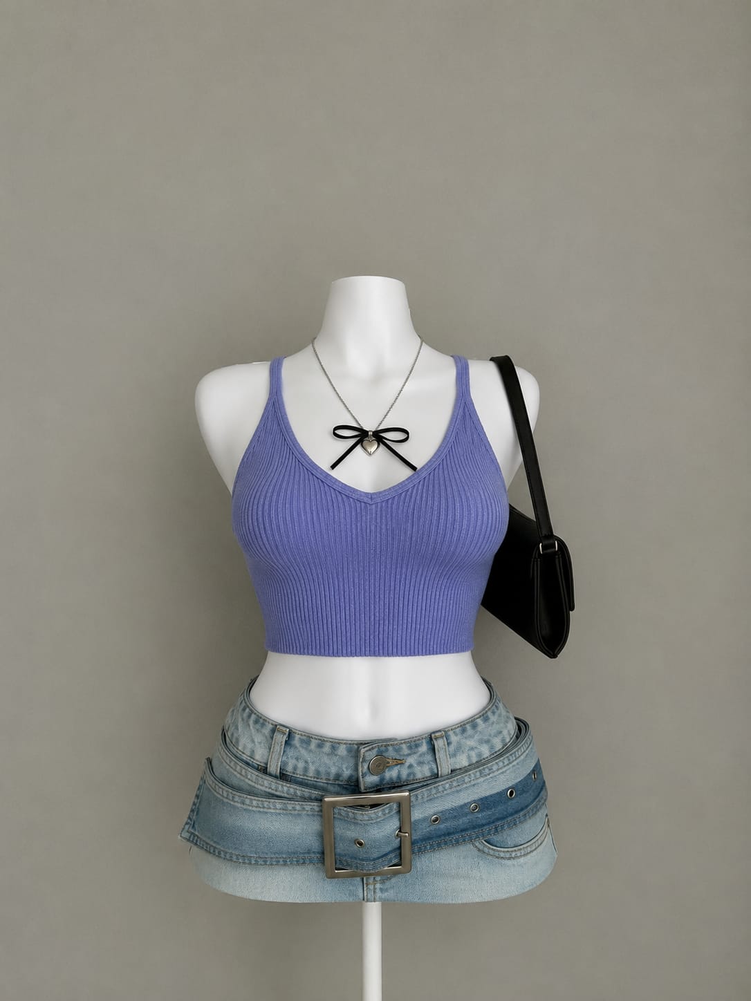 Periwinkle Blue Ribbed V-Neck Spaghetti Strap Crop Top