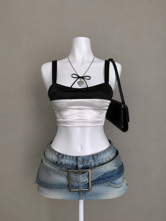 Black & White Two-Tone Satin Ruched Square Neck Crop Cami Top