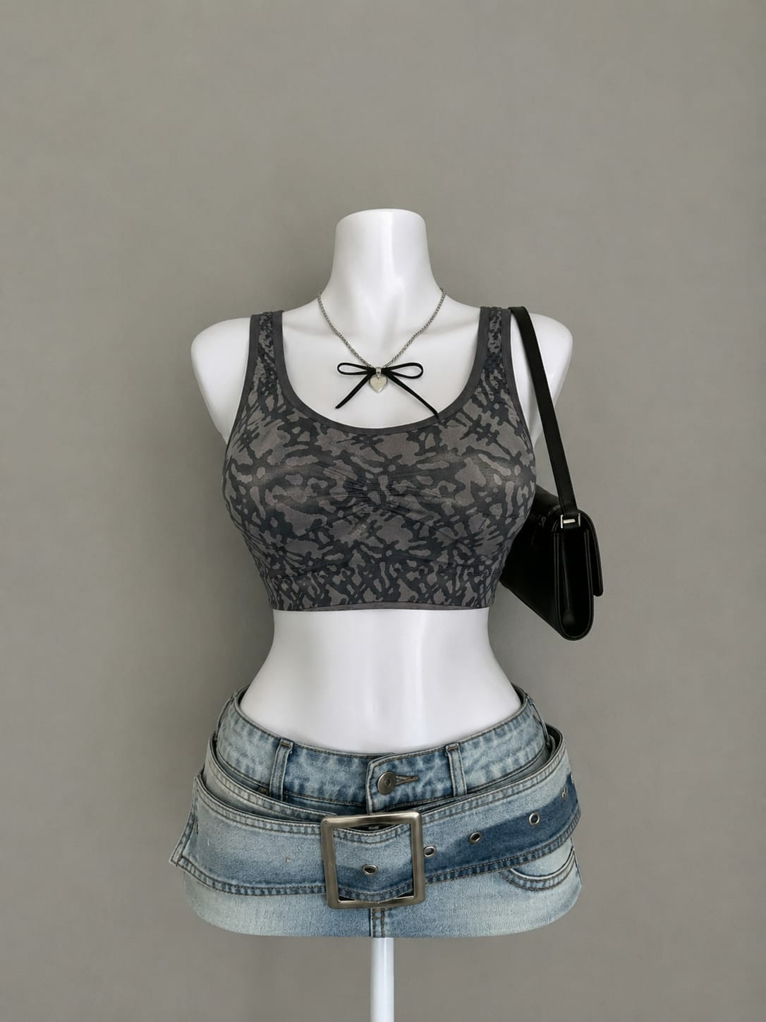 Dark Grey Abstract Print Scoop Neck Sleeveless Crop Top