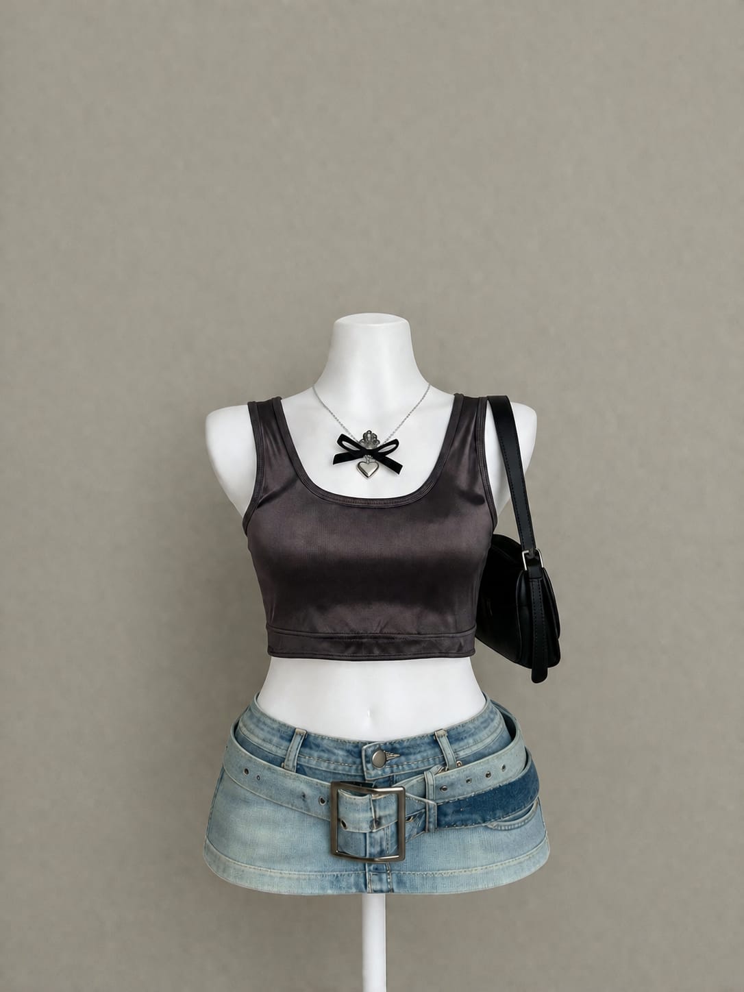 Charcoal Satin Scoop Neck Sleeveless Crop Tank Top