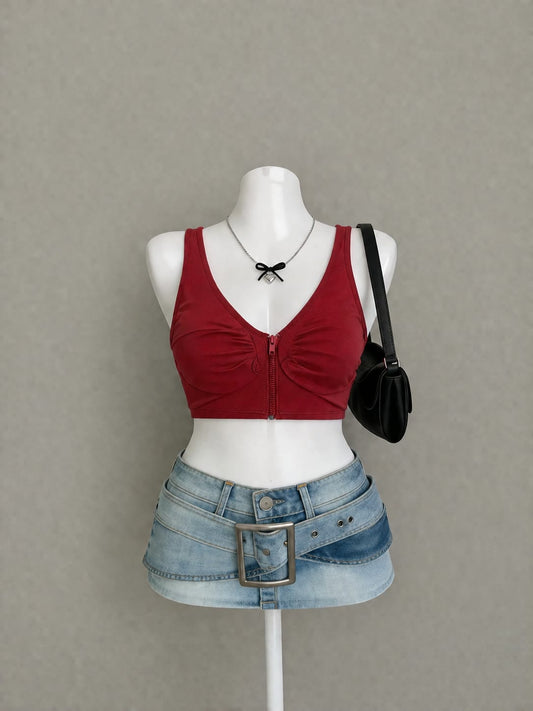 Burgundy Front Zip Ruched V-Neck Crop Bralette Top