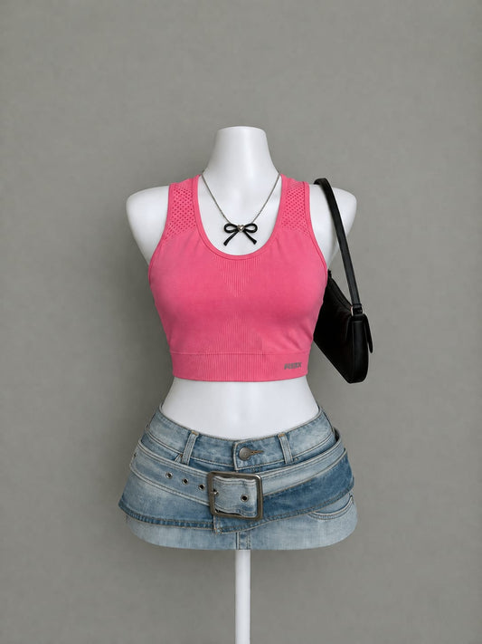 Hot Pink Seamless Ribbed Racerback Crop Sports Bra Top