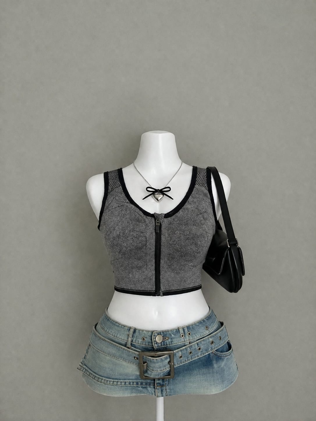 Grey Jacquard Textured Front Zip Scoop Neck Crop Tank Top