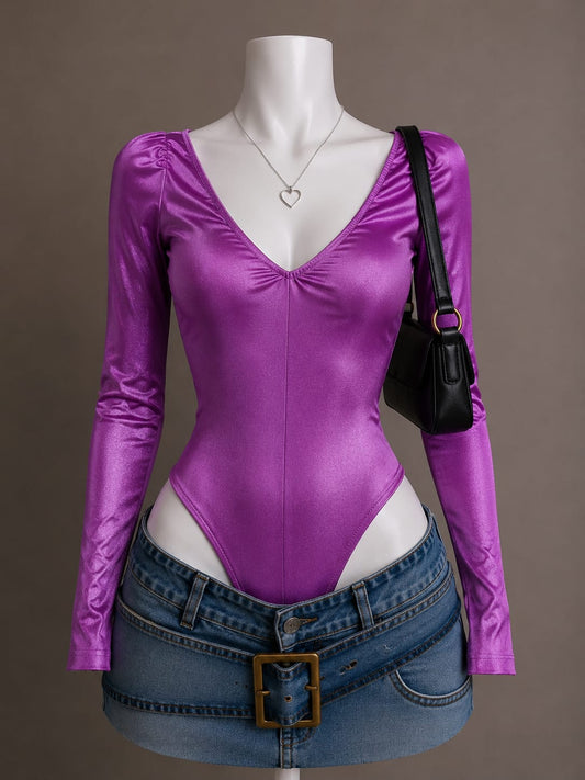Purple Satin Long Sleeve V-Neck Bodysuit