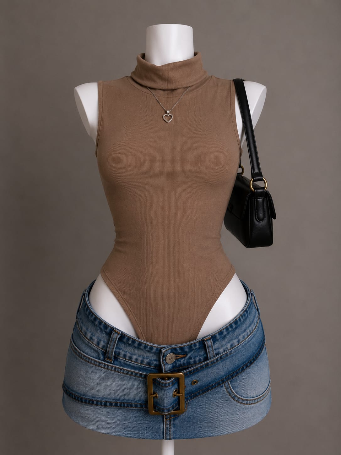 Brown Ribbed Turtleneck Sleeveless Bodysuit