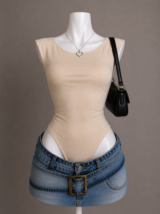 Beige Scoop Neck Cap Sleeve Slim Bodysuit