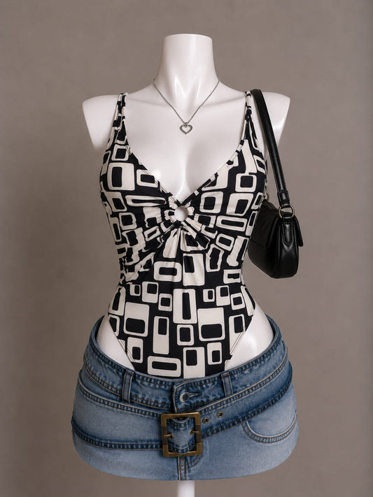 Black & White Geometric Print O-Ring V-Neck Bodysuit