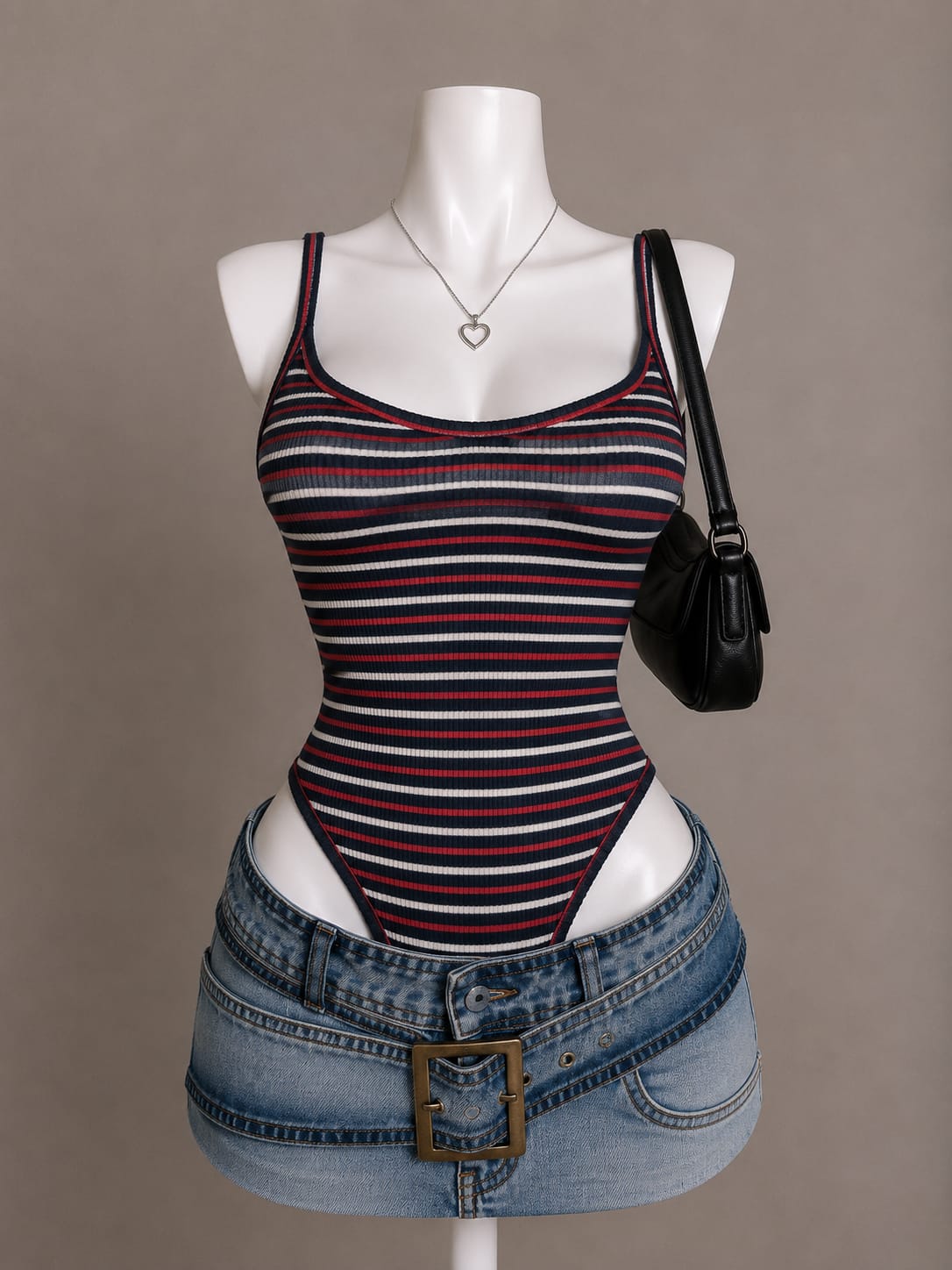 Black Red White Multi-Stripe Ribbed Sleeveless Bodysuit