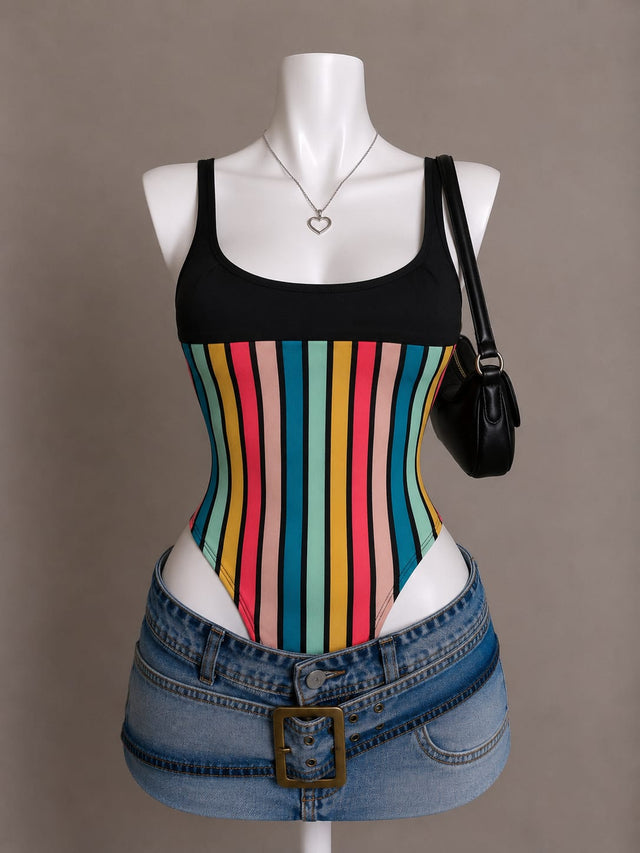 Black & Rainbow Vertical Stripe Sleeveless Bodysuit