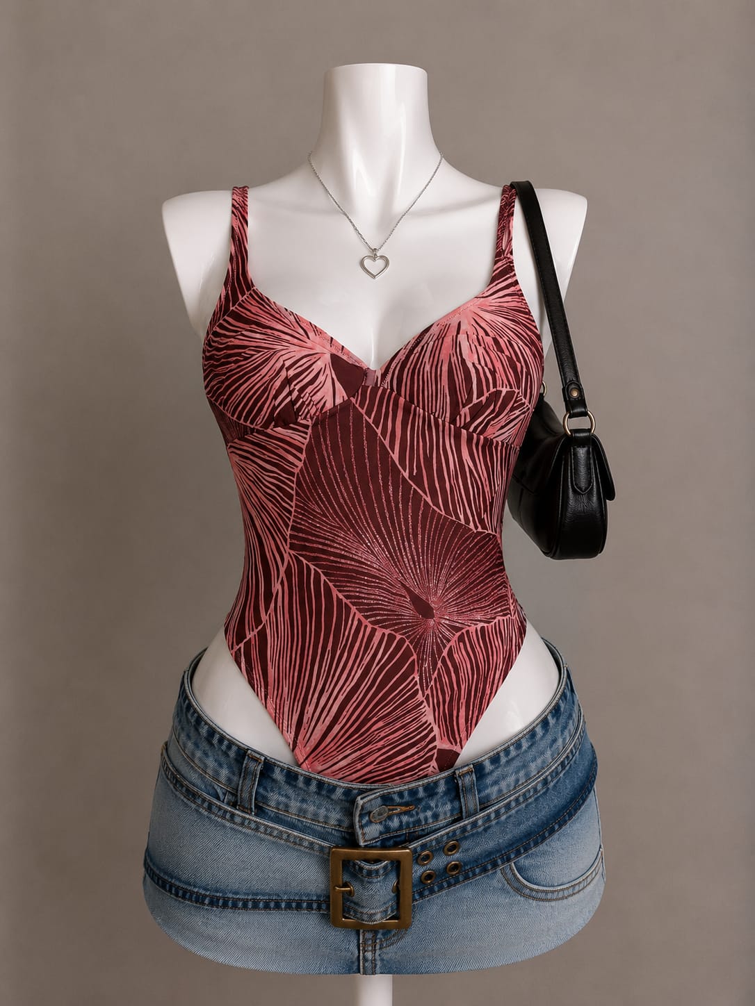 Rose Tropical Leaf Print V-Neck Sleeveless Bodysuit