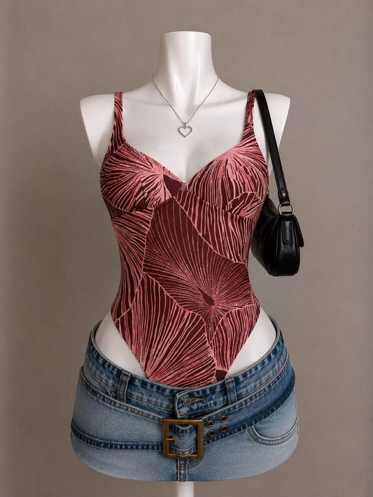 Rose Tropical Leaf Print V-Neck Sleeveless Bodysuit
