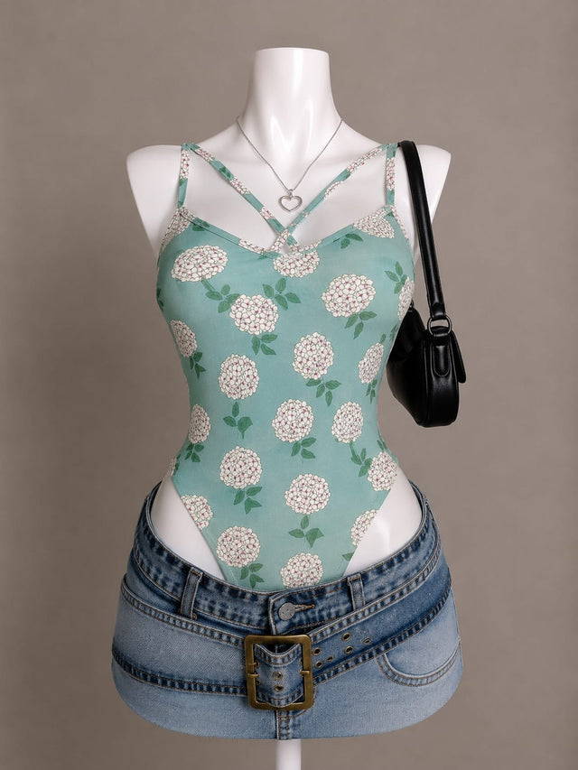Mint Green Hydrangea Floral Cross-Strap V-Neck Bodysuit