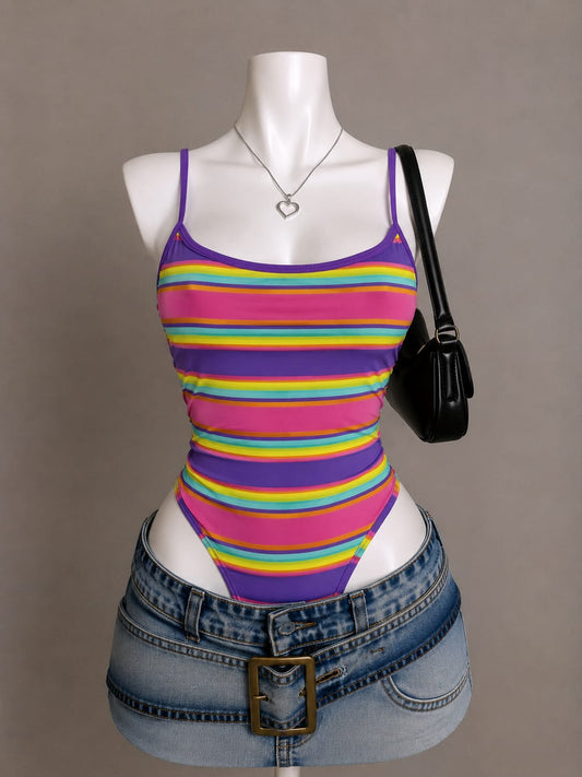 Purple Rainbow Horizontal Stripe Scoop Neck Bodysuit