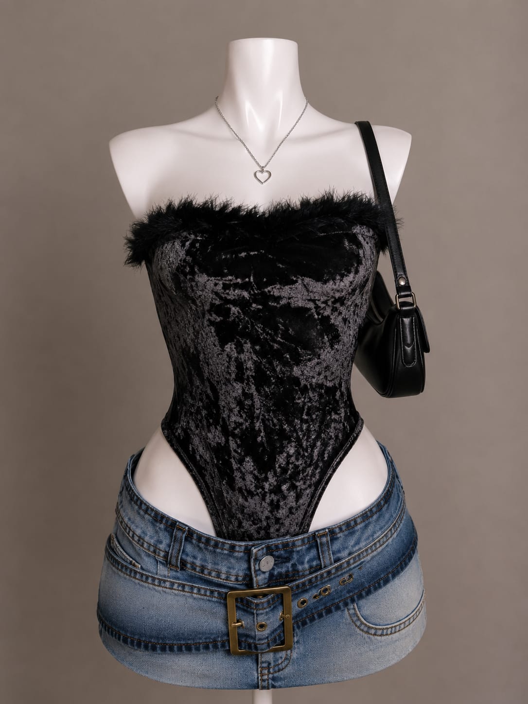 Black Crushed Velvet Feather Trim Strapless Bodysuit