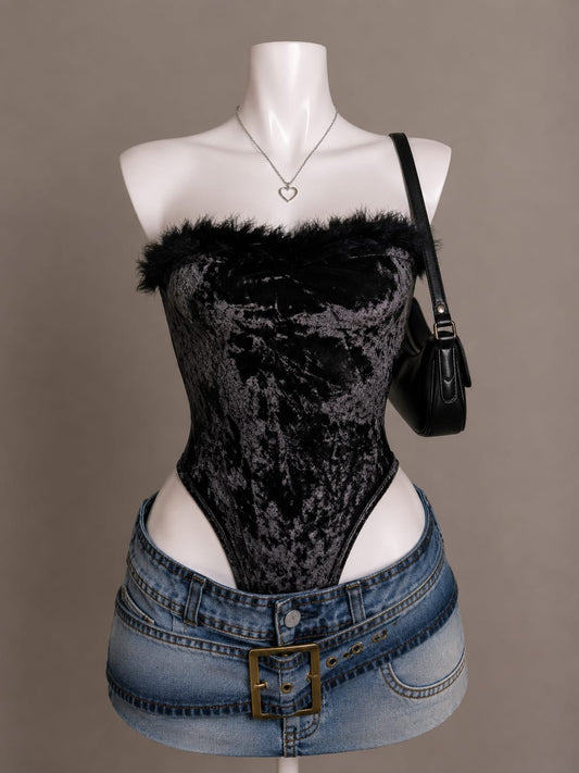 Black Crushed Velvet Feather Trim Strapless Bodysuit