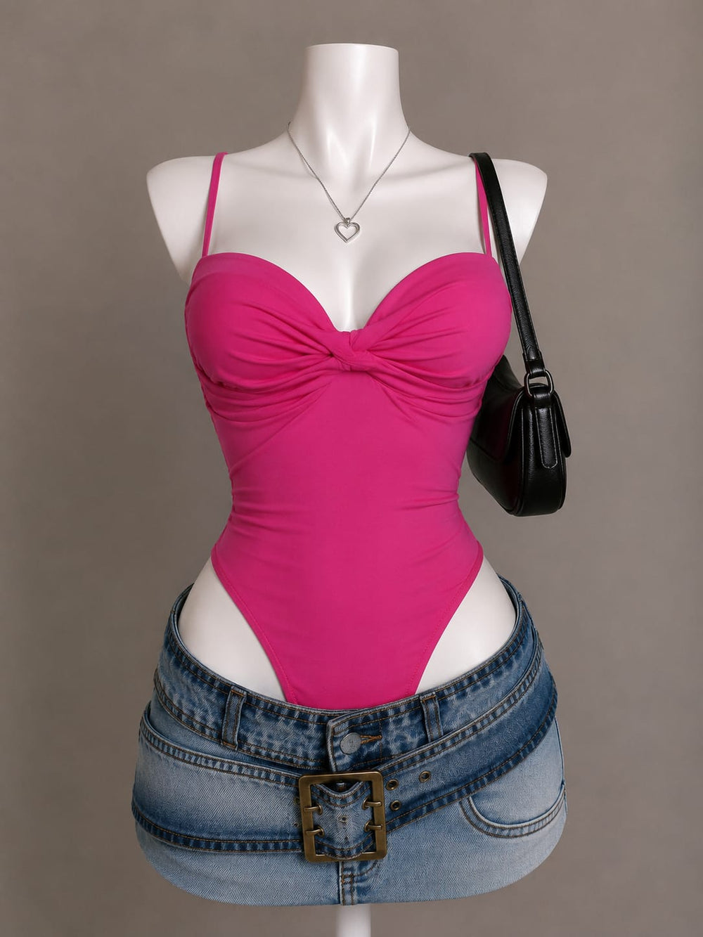 Hot Pink Ruched Sweetheart Bust Spaghetti Strap Bodysuit