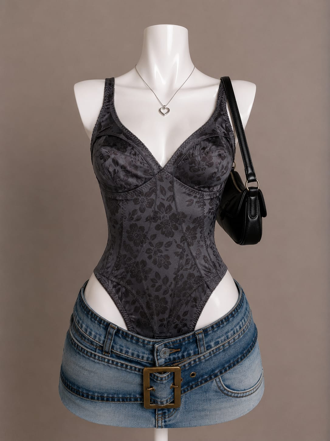 Charcoal Jacquard Floral Corset-Style V-Neck Bodysuit