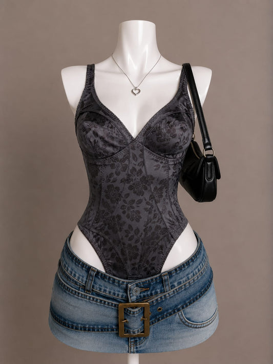 Charcoal Jacquard Floral Corset-Style V-Neck Bodysuit