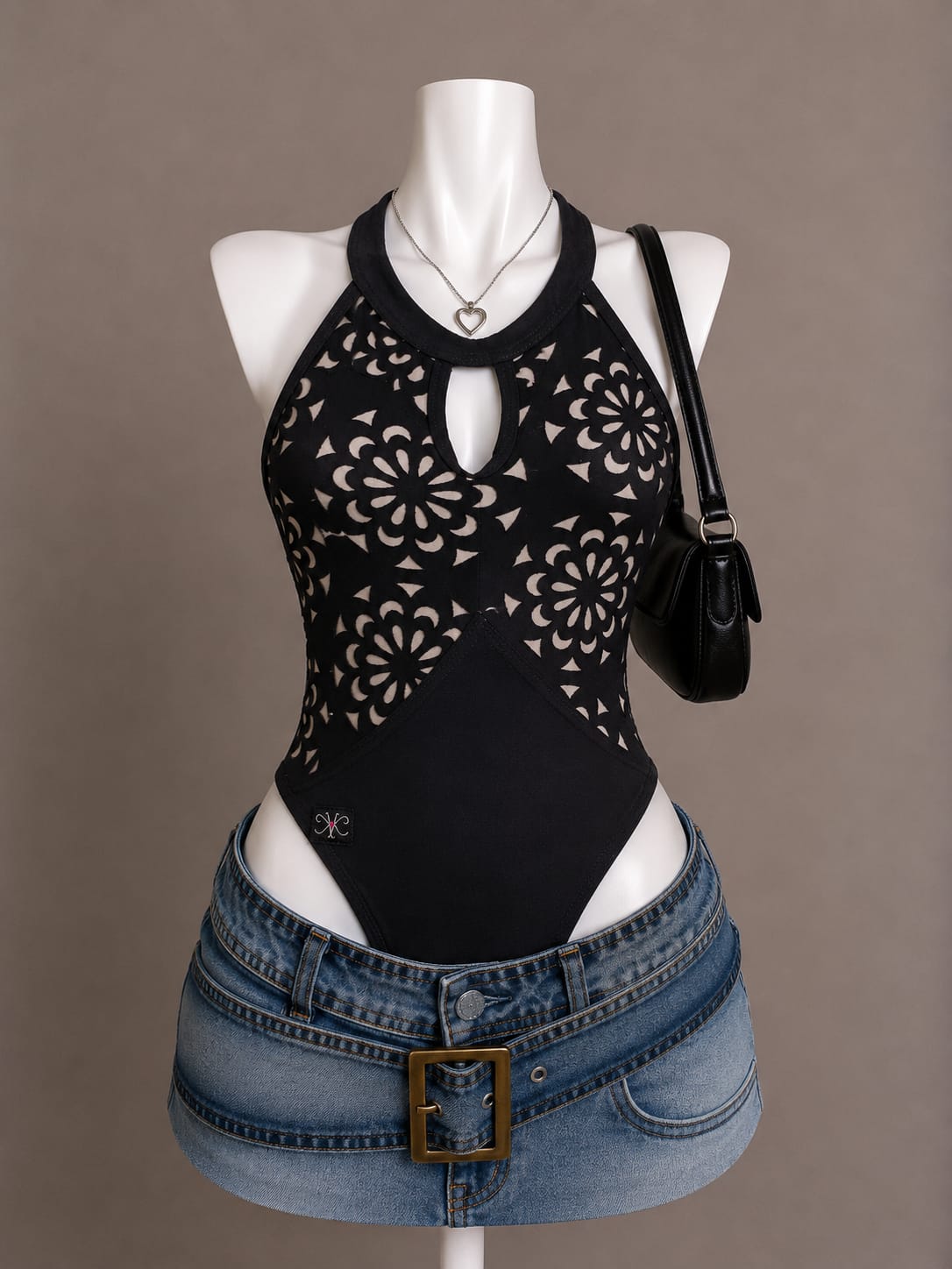 Black Laser-Cut Floral Halter Neck Keyhole Bodysuit